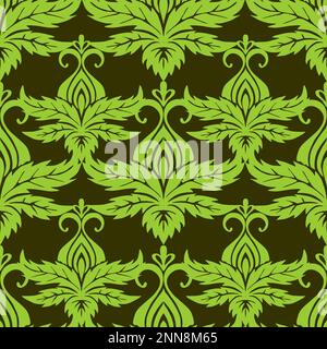 Nahtlos symmetrisches Muster abstrakter Olivenpflanzenelemente auf grünem Hintergrund, Textur, Design Stockfoto