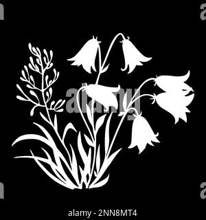 Weiße Konturzeichnung einer Blume auf schwarzem Hintergrund, Logo, einfarbiges Design Stockfoto