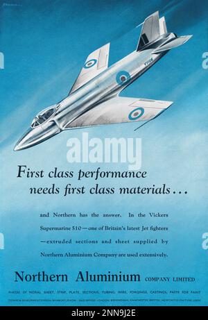 1950 britische Werbung für Northern Aluminium, in der der Prototyp des Düsenflugzeugs Supermarine 510 gezeigt wird. Stockfoto