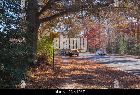 Schulbus hinter einem drogenfreien Schulzonenschild, North Shore Drive, Reston, Virginia Stockfoto