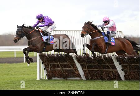 Rubaud, der von Harry Cobden geritten ist, räumt einen Zaun, bevor er die Hürde der Sky Bet Dovecote Novizen auf der Rennbahn Kempton Park in Surrey gewann. Foto: Samstag, 25. Februar 2023. Stockfoto