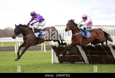 Rubaud, der von Harry Cobden geritten ist, räumt einen Zaun, bevor er die Hürde der Sky Bet Dovecote Novizen auf der Rennbahn Kempton Park in Surrey gewann. Foto: Samstag, 25. Februar 2023. Stockfoto