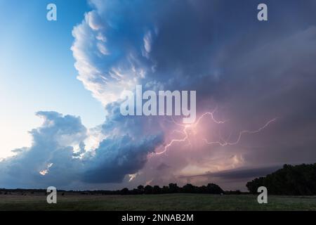 Dramatischer Himmel mit Gewitterwolken und Blitzen über einem Feld in der Nähe von Nash, Oklahoma Stockfoto