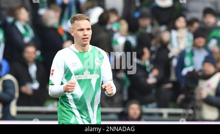 Deutschland. 25. Februar 2023. Bremen, Deutschland. 25. Februar 2023. Fußball: Bundesliga, Werder Bremen - VfL Bochum, Matchday 22, Wohninvest Weserstadion. Niklas Schmidt aus Bremen feiert sein Ziel, es 2:0 zu schaffen. Kredit: Carmen Jaspersen/dpa - WICHTIGER HINWEIS: Gemäß den Anforderungen der DFL Deutsche Fußball Liga und des DFB Deutscher Fußball-Bund ist es verboten, im Stadion aufgenommene Fotos und/oder das Spiel in Form von Sequenzbildern und/oder videoähnlichen Fotoserien zu verwenden oder verwenden zu lassen./dpa/Alamy Live News Credit: dpa Picture Alliance/Alamy Live News Stockfoto