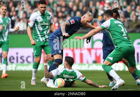 Deutschland. 25. Februar 2023. Bremen, Deutschland. 25. Februar 2023. Fußball: Bundesliga, Werder Bremen - VfL Bochum, Matchday 22, Wohninvest Weserstadion. Bremens Marco Friedl vor Ort gegen Bochums Philipp Hofmann, Bremens Anthony Jung auf der rechten Seite und auch Milos Veljkovic (l) können nur zusehen. Kredit: Carmen Jaspersen/dpa - WICHTIGER HINWEIS: Gemäß den Anforderungen der DFL Deutsche Fußball Liga und des DFB Deutscher Fußball-Bund ist es verboten, im Stadion aufgenommene Fotografien und/oder das Spiel in Form von Sequenzbildern und/oder videoähnlichen Fotoserien zu verwenden oder verwenden zu lassen. Stockfoto