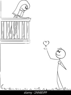 Lover Confessing Love to Girl on Balcony, Vector Cartoon Stick Figure Illustration Stock Vektor