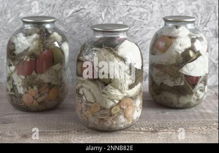 Verschiedene Gemüsesorten werden in Glasgefäßen konserviert: Gurken, Tomaten, Kohl, Zwiebeln, Karotten, Zucchini. Vorderansicht, Nahaufnahme. Stockfoto