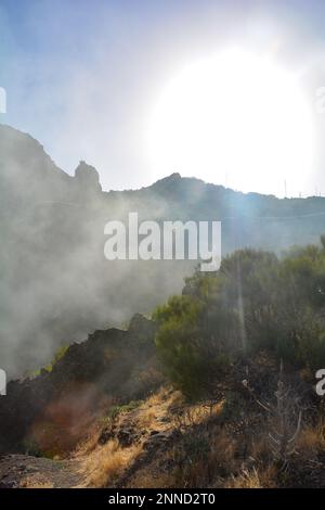 Nebel und Sonne im grünen Teno-Gebirge bei Masca auf der Kanarischen Insel Teneriffa, Spanien Stockfoto