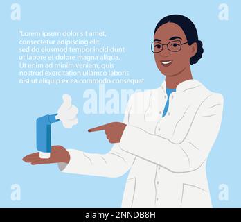 Schwarze Ärztin in medizinischer Uniform zeigt und zeigt Inhalator mit der Hand. Flache Vektordarstellung. Stock Vektor