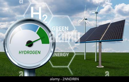Wasserstoffmessgerät mit Baumfarben – Grau, Blau und Grün. Konzept der Herstellung von grünem Wasserstoff Stockfoto