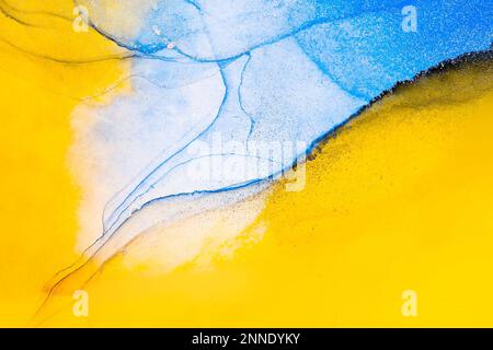 Blaue und gelbe abstrakte Aquarelltextur mit fließenden Formen und lebendigen künstlerischen Farbmischungen. Stockfoto