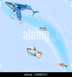 Nahtloses Marinemuster mit Blauwal. Qualitativ hochwertige Darstellung Stockfoto