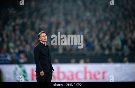 Gelsenkirchen, Deutschland. 25. Februar 2023. Fußball, Bundesliga: Schalke 04 - VfB Stuttgart, Spieltag 22, Veltins Arena. Stuttgarter Trainer Bruno Labbadia steht an der Seitenlinie. Kredit: Fabian Strauch/dpa - WICHTIGER HINWEIS: Gemäß den Anforderungen der DFL Deutsche Fußball Liga und des DFB Deutscher Fußball-Bund ist es verboten, im Stadion aufgenommene Fotos und/oder das Spiel in Form von Sequenzbildern und/oder videoähnlichen Fotoserien zu verwenden oder verwenden zu lassen./dpa/Alamy Live News Stockfoto