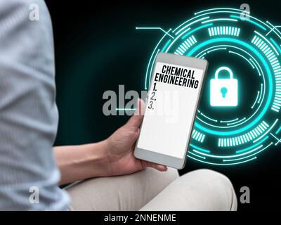 Textbeschriftung zur Darstellung der Chemietechnik. Wort für die Entwicklung von Dingen, die sich mit der industriellen Anwendung der Chemie befassen Stockfoto
