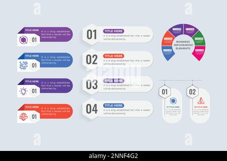 Kreative Office Infografik und Tortendiagramm Design Kollektion mit Arbeitsschritten. Moderne Präsentationselemente und Diagrammvektorbündel. Stock Vektor