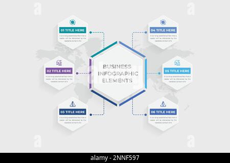 Infografikelemente und Diagrammvektor für Visualisierungsgrafiken für Geschäftspräsentationen. Klassifizierungs- und Workflow-Diagrammdesign mit Weltkarten-Hintergrund Stock Vektor