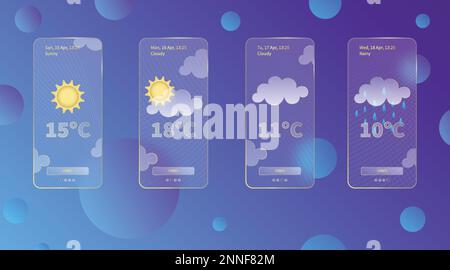 Set aus 3D Glasmorphismus Wettervorhersage App-Vorlage Interface Design Kit. Tag-Meteo-Symbole auf dunkelblauem Hintergrund mit Farbverlauf Saison-Kollektionen smart Stock Vektor