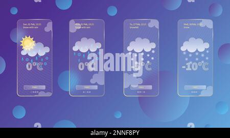 Set aus 3D Glasmorphismus Wettervorhersage App-Vorlage Interface Design Kit. Winter-Meteo-Symbole auf dunkelblauem verlaufendem Hintergrund saisonale kollektionen sma Stock Vektor