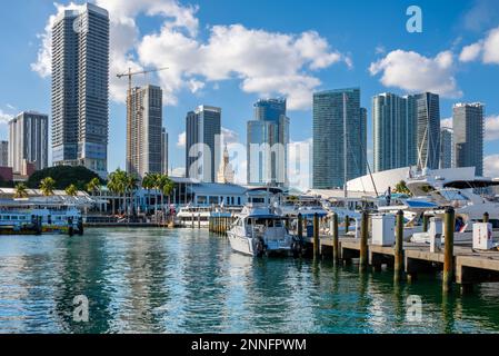 Der Bayside Marketplace in Miami mit Blick auf die Skyline der Stadt Stockfoto