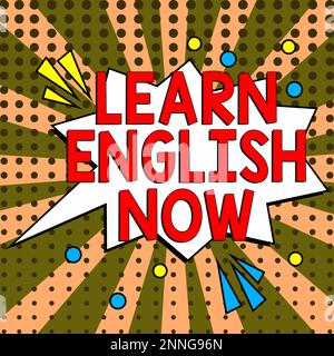 Schreiben Text anzeigen Englisch lernen Jetzt. Business Showcase Erwerben oder erwerben Sie Kenntnisse und Fertigkeiten der englischen Sprache Stockfoto