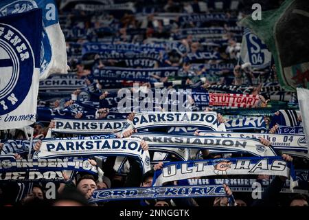 Gelsenkirchen, Deutschland. 25. Februar 2023. Fußball, Bundesliga: Schalke 04 - VfB Stuttgart, Spieltag 22, Veltins Arena. Fans feiern Schalkes Sieg. Kredit: Fabian Strauch/dpa - WICHTIGER HINWEIS: Gemäß den Anforderungen der DFL Deutsche Fußball Liga und des DFB Deutscher Fußball-Bund ist es verboten, im Stadion aufgenommene Fotos und/oder das Spiel in Form von Sequenzbildern und/oder videoähnlichen Fotoserien zu verwenden oder verwenden zu lassen./dpa/Alamy Live News Stockfoto