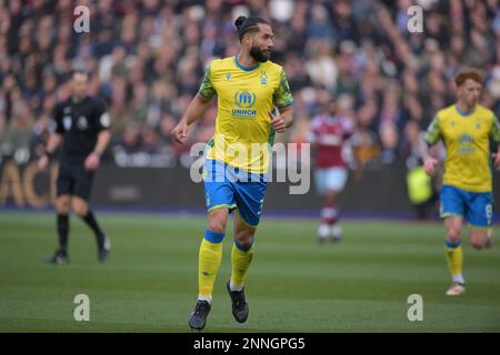 London, Großbritannien. 25. Februar 2023. Felipe vom Nottingham Forest beim Spiel West Ham gegen Nottingham Forest Premier League im London Stadium Stratford. Kredit: MARTIN DALTON/Alamy Live News Stockfoto