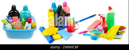 Sammlung verschiedener auf Weiß isolierter Haushaltsreinigungsmittel Stockfoto