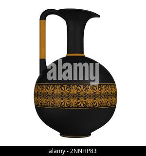 Alte griechische schwarze Vase mit einem schlängelnden Ornament mit langem engem Hals und einem isolierten Griff auf weißem Hintergrund. 3D-Rendern Stockfoto