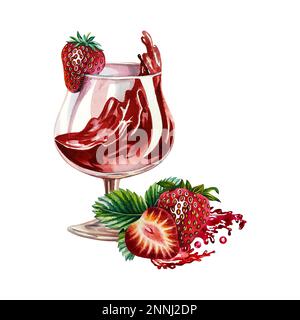 Roter Saft in einem Glas, Fruchtgetränk. Aquarelldarstellung. Isoliert. Für Designetiketten, Verpackungen und Banner. Für Textilien, Drucke und Aufkleber. Für Stockfoto