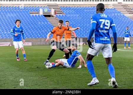 Liam Scott Fraser (4) von KMSK Deinze und Bastien Toma (6) von Jong Genk, dargestellt während eines Fußballspiels zwischen KMSK Deinze und Jong Genk während des 1. Spieltags in den Spielen der Challenger Pro League für die Saison 2022-2023 am Samstag, den 25. Februar 2023 in Deinze , Belgien . FOTO SPORTPIX | Stijn Audooren Stockfoto