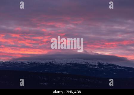 Unglaubliche Sonnenuntergänge in der Wintersaison vom Norden Kanadas mit leuchtend rosa Wolken, Bergen und Schnee in der Dämmerung. Stockfoto