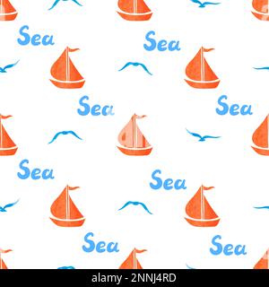 Nahtloses Marinemuster mit Booten und Möwen auf Weiß. Meeresvektorhintergrund. Design mit Babydruck. Stock Vektor