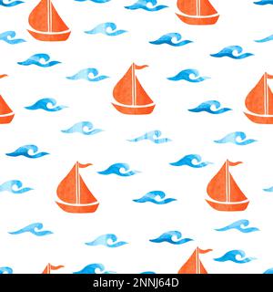 Nahtloses Meeresmuster mit Wellen und Booten. Vektor-Marinehintergrund. Stock Vektor