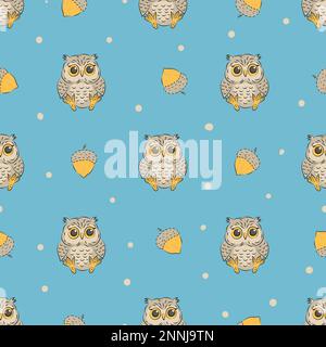Süße Eulen und Eicheln, nahtloses Muster. Vektorhintergrund für Kinderdesign. Stock Vektor