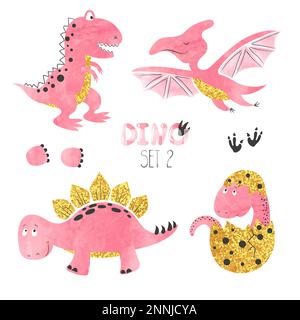 Süße kleine Dinosaurier in Pink, Gold und Schwarz. Vector-Kollektion für Kinder Stock Vektor