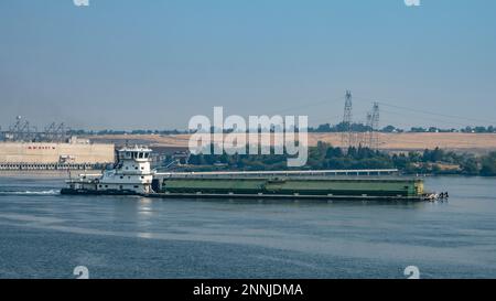 Ein Schiff kommt von den Schleusen am McNary Dam, stromaufwärts vom Plymouth Park Corps of Engineers Campground, Plymouth, Washington. Stockfoto