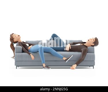 3D Cartoon-Mann und -Frau schlafen auf dem Sofa, Illustration isoliert auf weißem Hintergrund Stockfoto