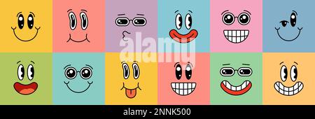 Smiley-Gesichter im Cartoon-Stil auf einem quadratischen, farbenfrohen Hintergrund. Emoji-Sammlung verschiedener Emotionen. Süße, lustige Lächelgesichter. Positive Cartoon-Gesichtsausdrücke. Comic-Vektor lächelt Stock Vektor