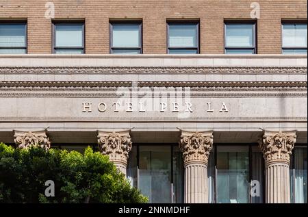 Nahaufnahme des Hotels per La in Downtown Los Angeles. Stockfoto