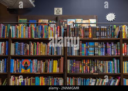 Ein Bild eines Bücherregals im letzten Buchladen. Stockfoto