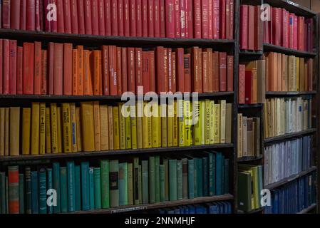 Ein Bild eines farbcodierten Bücherregals im letzten Buchladen. Stockfoto