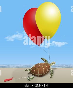 Eine grüne Meeresschildkröte an einem Strand am Meer ist in Helium-Partyballons verwickelt. Dies ist eine 3-Abbildung. Stockfoto