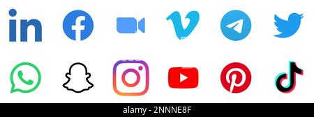TikTok, Instagram, YouTube, Pinterest, LinkedIn, Facebook, Zoom, Vimeo, Telegram, Twitter, Symbolsatz für WhatsApp und Snapchat Social-Media-App. Vektordarstellung. Stock Vektor