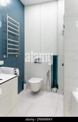 Badezimmer in Blau und Weiß mit Toilette, großem Spiegel, Duschkabine, Beleuchtung und Waschbecken. Sauberes und frisches Bad mit modernem Licht. Geräumiger Schläger Stockfoto