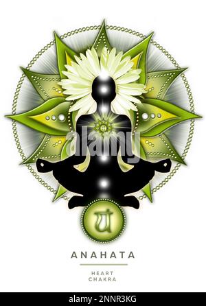 Herz-Chakra-Meditation in Yoga-Lotus-Pose, vor Anahata-Chakra-Symbol. Stockfoto