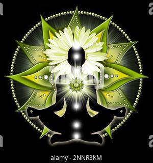 Herz-Chakra-Meditation in Yoga-Lotus-Pose, vor Anahata-Chakra-Symbol. Stockfoto