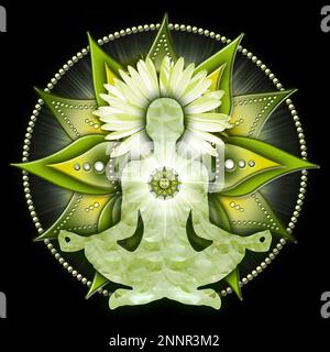 Herz-Chakra-Meditation in Yoga-Lotus-Pose, vor Anahata-Chakra-Symbol. Stockfoto