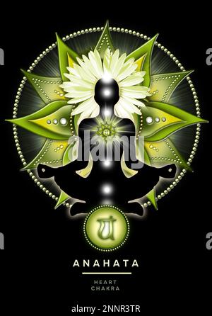 Herz-Chakra-Meditation in Yoga-Lotus-Pose, vor Anahata-Chakra-Symbol. Stockfoto
