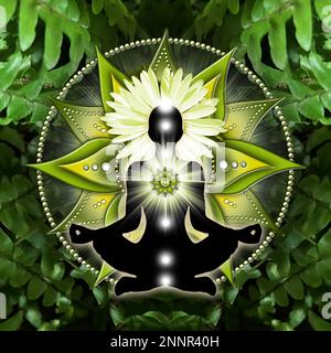 Herz-Chakra-Meditation in Yoga-Lotus-Pose, vor Anahata-Chakra-Symbol und beruhigenden, grünen Farnen. Stockfoto
