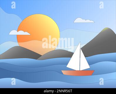 Seascape mit einem Segelboot. Blaues Meer mit Wellen, Bergen und heller Sonne. Stock Vektor